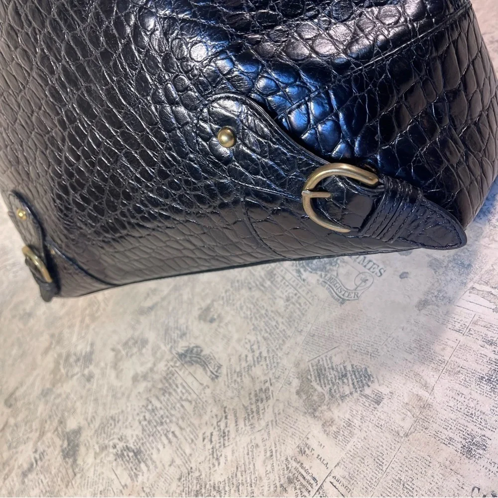 Banana Republic Black Croc Embossed Leather Satchel Work Tote Gold Hardware
